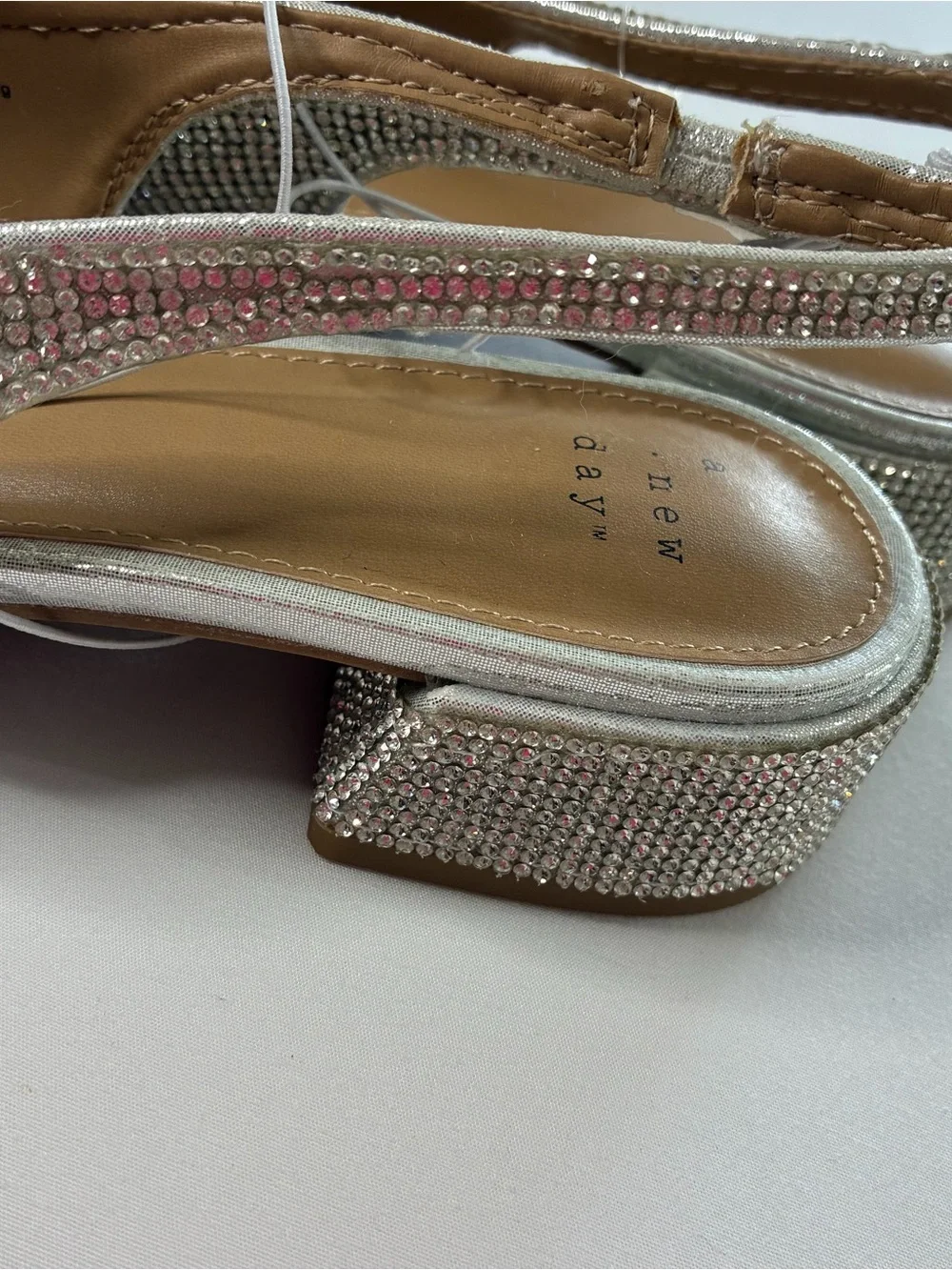 A New Day Elle Silver Rhinestone Slingback Pointed Toe Low Block Heels Size 7